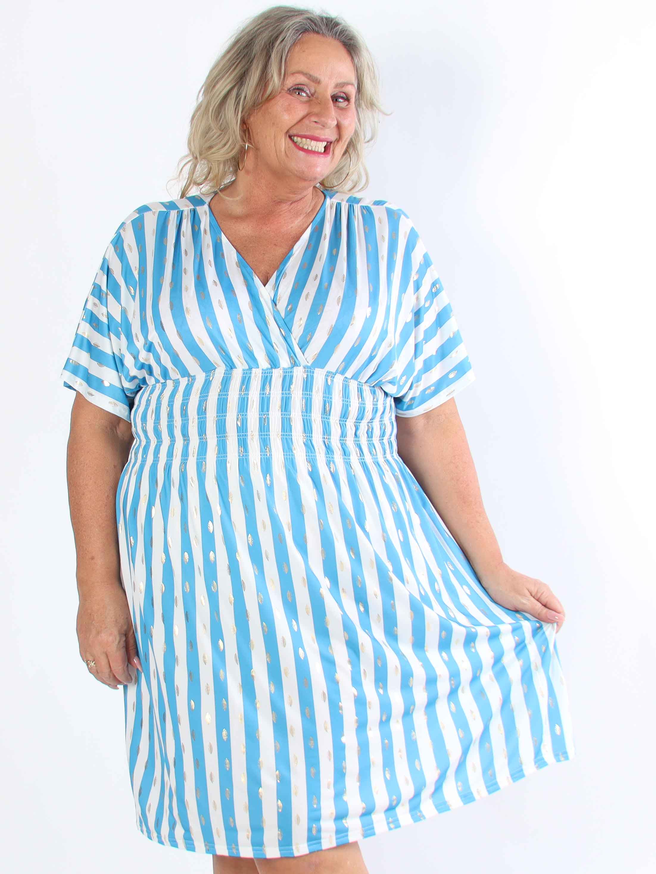 Pams Stripe Short - Stribet plus size kjole med guld detaljer
